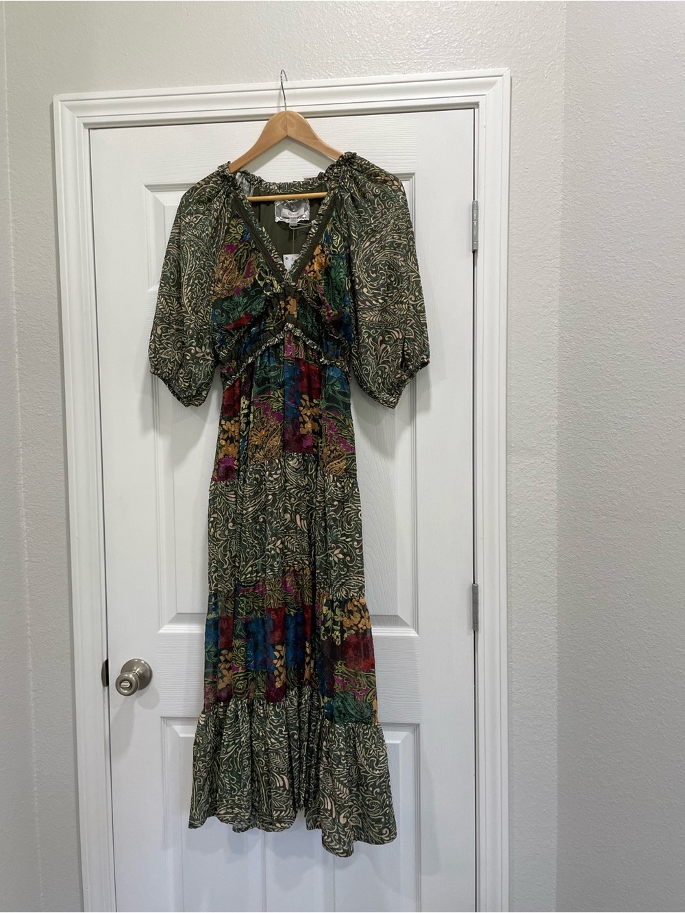 New Cupio Olive Green Boho Maxi Dress with Multicolor Patchwork